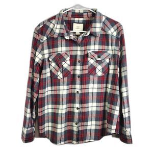 XXI Los Angeles Plaid Flannel Shirt Women's Medium Cotton Button Front Red Blue